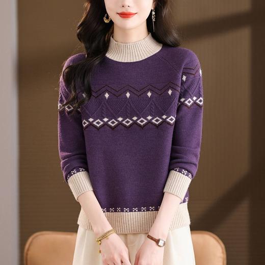 CC2025秋冬半高领撞色菱格毛衣女复古提花针织衫长袖保暖内搭打底衫 商品图2