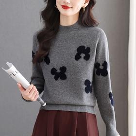 CC优雅时尚半高领针织衫女秋冬新款提花宽松显瘦毛衣保暖百搭打底衫