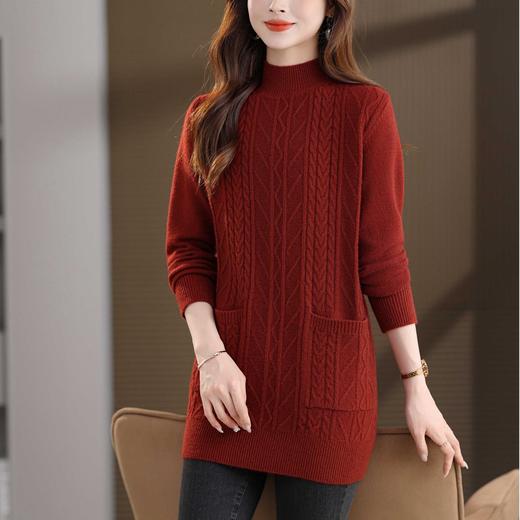 CC半高领套头毛衣女秋冬季麻花带口袋宽松显瘦百搭打底中长款针织衫 商品图3
