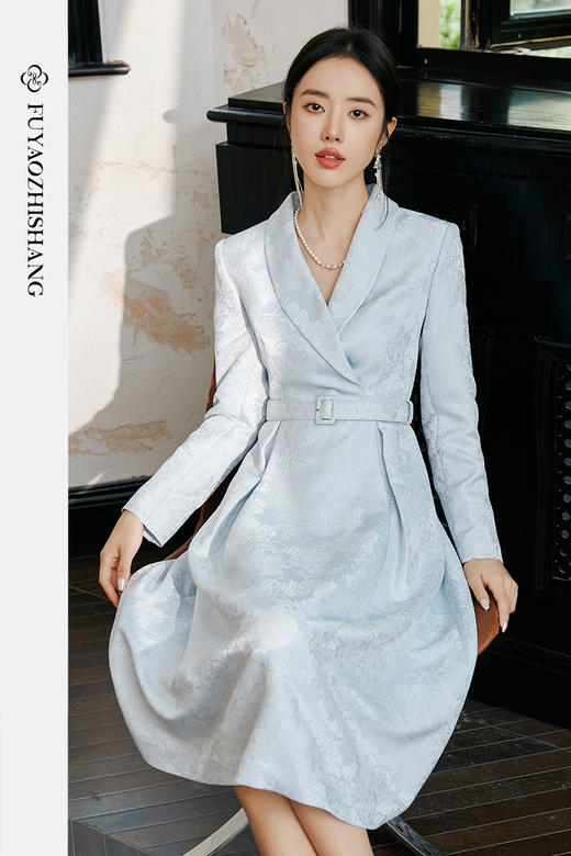 FUYAO扶摇/翩然心动/人丝提花连衣裙女国风西装裙清冷松弛感穿搭 商品图5