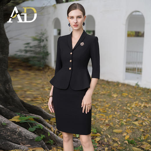 AD酒店前台工装套装女夏季中袖工作服黑色小香风西装套裙修身显瘦 商品图2