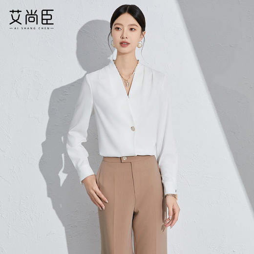 艾尚臣白色V领衬衫2024新款女轻奢高级感女装长袖职业面试正装女 商品图0