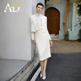 AD白色小香风圆领短外套职业装气质女神范套装高端法式名媛两件套