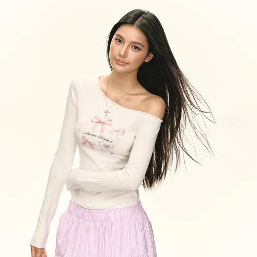 Ariseism 美式复古斜肩蝴蝶结印花长袖T恤女秋季新款修身上衣 商品图2