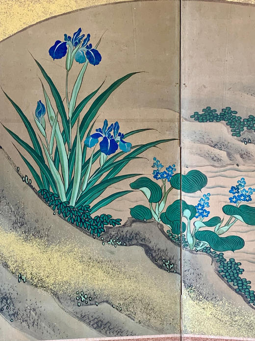 独角鹿西洋古董19世纪日本明治时代出品「孔雀繁花」主题金地纸本设色六曲屏风 商品图7