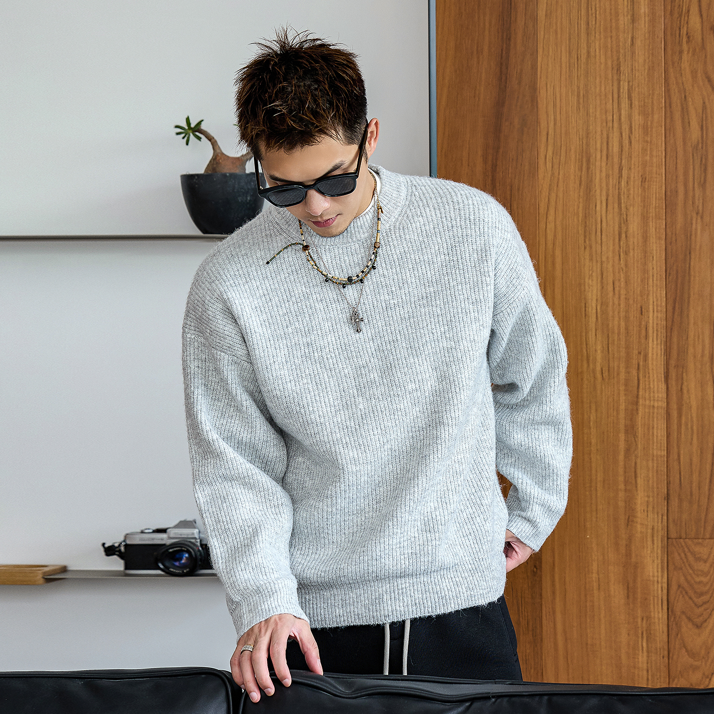 徐太浪【600g混纺 cleanfit】灰色毛衣男秋冬内搭打底针织衫上衣