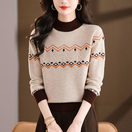 CC2025秋冬半高领撞色菱格毛衣女复古提花针织衫长袖保暖内搭打底衫 商品图3