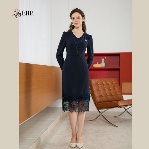 司歌弹力收腰拼蕾丝长袖连衣裙v领春秋A901220X 商品图1