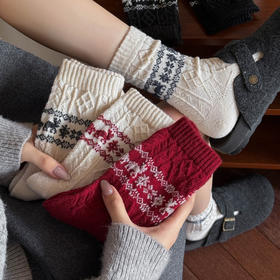 4双装！暖芙芙羊毛袜女袜 费尔岛圣诞复古雪花麋鹿元素 秋冬加厚保暖柔软羊毛中筒袜