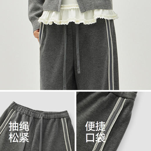 森马休闲裤女冬季花边撞色宽松仿呢长裤2025新款显腿长气质阔腿裤 商品图3