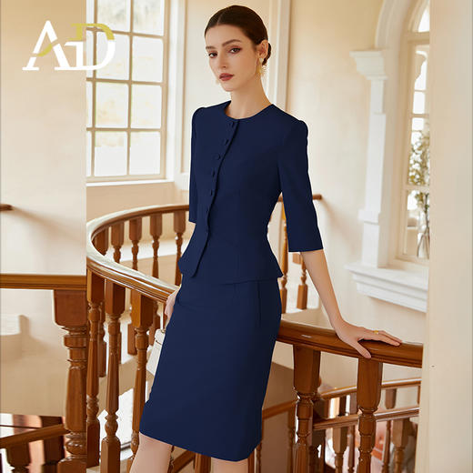 AD藏青色工作服女2024新款职业装两件套单排扣中袖西装售楼部工装 商品图1