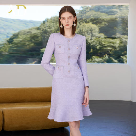 AD冬季新款气质优雅名媛女装圆领长袖修身中长款荷叶边毛呢连衣裙 商品图0