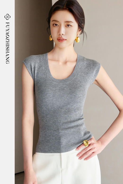 FUYAO扶摇 灰色短袖t恤女2025新款天丝针织衫夏季高级感针织上衣 商品图5