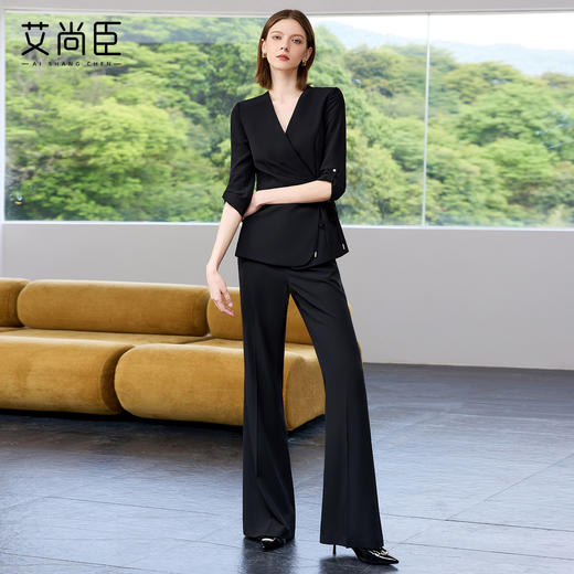 艾尚臣黑色西装套装女2025夏新款七分袖系带职业西服微喇裤两件套 商品图3