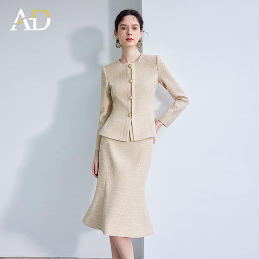 AD高级感西装女职业正装2025新款浅卡其色圆领西装外套包臀鱼尾裙 商品图0