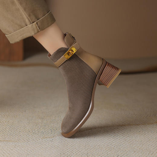 【预售5天】秋冬新款复古时尚牛皮粗跟短靴女拼接后拉链通勤马丁靴WXJFG&W8026-X 商品图1