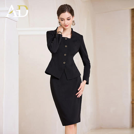 AD赫本风黑色方领西装两件套女秋冬新款法式小香风名媛范正装套裙 商品图2