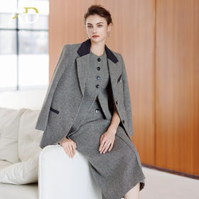AD灰色格纹肌理感西装三件套女2025新款秋冬羊毛小香风外套半身裙