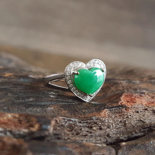 【天然正品】A货翡翠AU750白金镶钻镶天然细腻心型糯种满绿翡翠戒指10.5号（戒圈可改）女士280925TJ16 商品图5