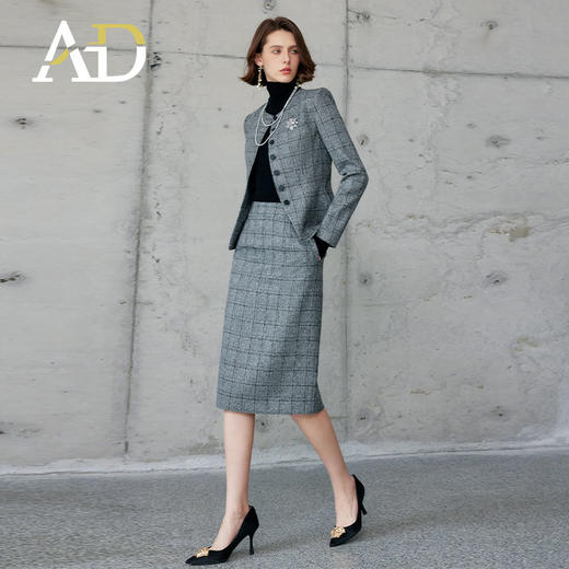 AD职业套装女秋冬两件套灰色格纹短外套2024新款韩版总裁正装套裙 商品图1