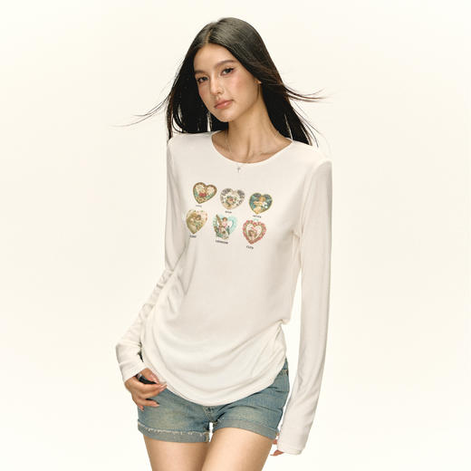 Ariseism 美式复古圆领印花长袖T恤女秋季新款修身上衣 商品图0