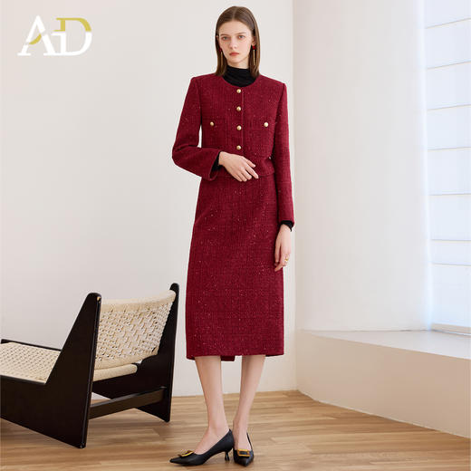 AD金丝名媛范两件套女2025冬季新款红色小香风外套圣诞新年套装裙 商品图1