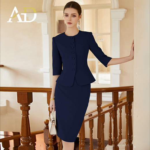 AD藏青色工作服女2024新款职业装两件套单排扣中袖西装售楼部工装 商品图0
