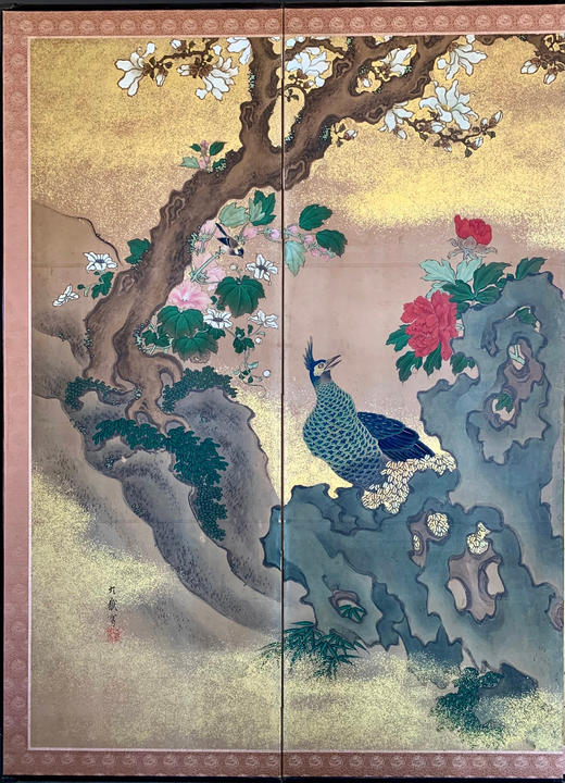 独角鹿西洋古董19世纪日本明治时代出品「孔雀繁花」主题金地纸本设色六曲屏风 商品图3