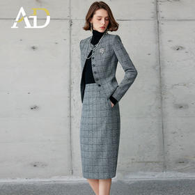 AD职业套装女秋冬两件套灰色格纹短外套2024新款韩版总裁正装套裙