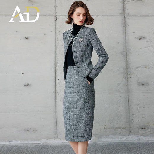 AD职业套装女秋冬两件套灰色格纹短外套2024新款韩版总裁正装套裙 商品图0