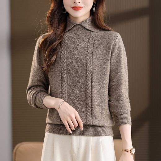 CC翻领短款毛衣女秋冬卡其色麻花针织衫复古风宽松显瘦百搭打底毛衣 商品图1