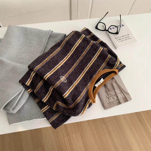 复古条纹刺绣加厚磨毛T恤！2025女松弛感慵懒显瘦保暖秋冬仿兔绒打底衫！ 商品图2