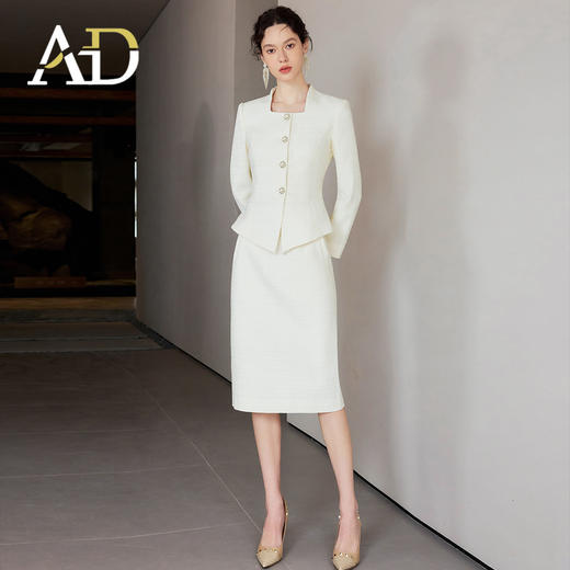 AD富家千金感穿搭套装米白色亮丝混纺小香风正装套装气质职业装冬 商品图0