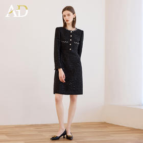 AD重工编织黑色小香风连衣裙女小个子高级感精致细闪名媛长袖裙子