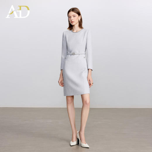AD高级千金长袖连衣裙女2025新款秋冬灰色系带显瘦a字短裙毛呢裙 商品图1