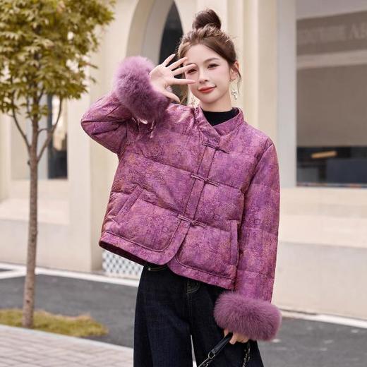 新中式国风羽绒服轻奢显瘦提花，独特漂亮狐狸毛白鸭绒外套HR-YAX2552 商品图0