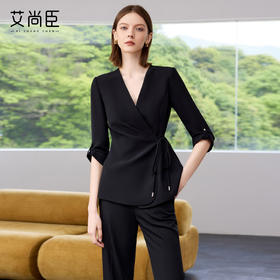 艾尚臣黑色西装套装女2025夏新款七分袖系带职业西服微喇裤两件套