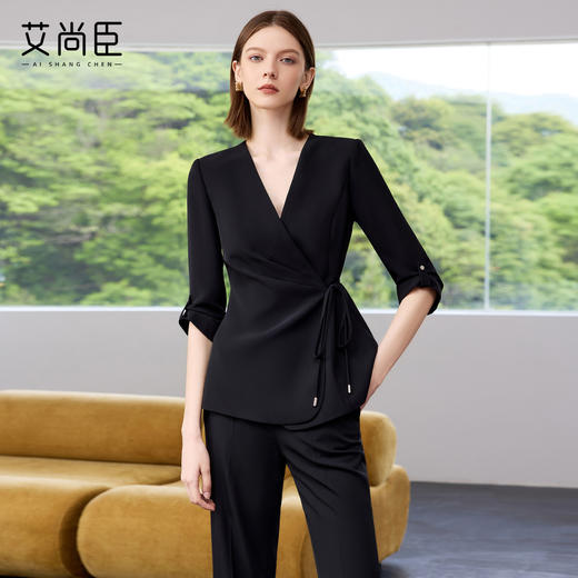 艾尚臣黑色西装套装女2025夏新款七分袖系带职业西服微喇裤两件套 商品图0