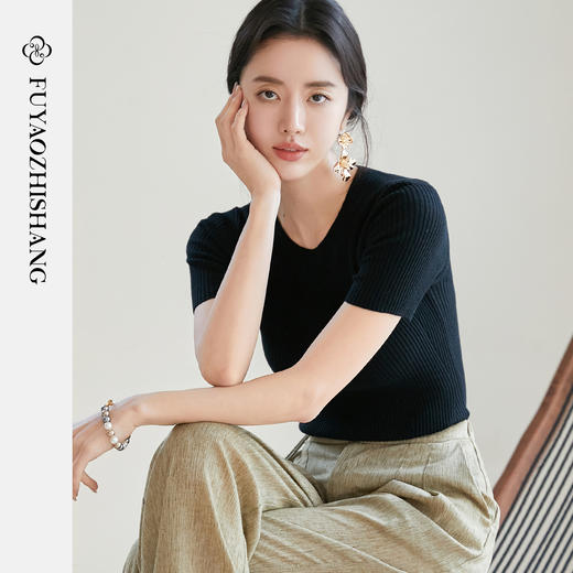 FUYAO扶摇 2025夏季天丝针织T恤女圆领短袖小衫修身显瘦短袖上衣 商品图0