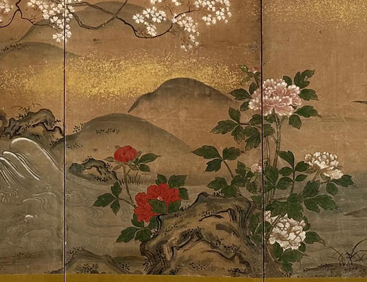 独角鹿西洋古董19世纪日本江户时代出品「东方花鸟山水」主题金地纸本设色六曲屏风 商品图2