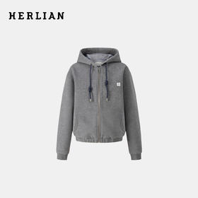 HERLIAN 2025秋冬新品女士绵羊毛呢子格纹拼色抽绳连帽外套