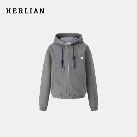 HERLIAN 2025秋冬新品女士绵羊毛呢子格纹拼色抽绳连帽外套 商品图0