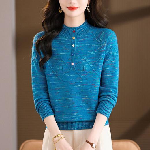 CC撞色彩扣酒红亮丝半高领针织衫女秋冬菱形提花单排扣修身内搭毛衣 商品图2