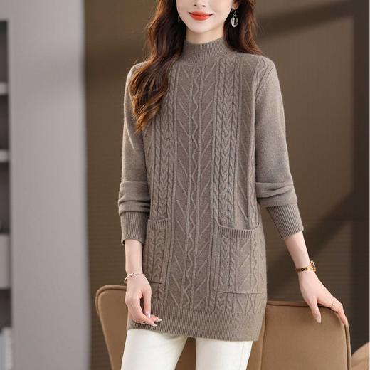 CC半高领套头毛衣女秋冬季麻花带口袋宽松显瘦百搭打底中长款针织衫 商品图1