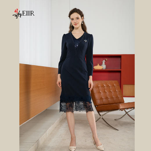 司歌弹力收腰拼蕾丝长袖连衣裙v领春秋A901220X 商品图2