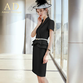 AD夏短袖职业装套装女名媛正装黑色时尚工作服气质荷叶边西装套裙