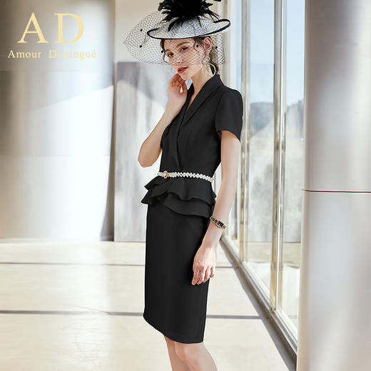 AD夏短袖职业装套装女名媛正装黑色时尚工作服气质荷叶边西装套裙 商品图0