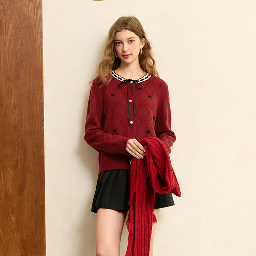 三彩2025冬季新款圆领针织衫花边拼接毛衫开衫优雅S 商品图3