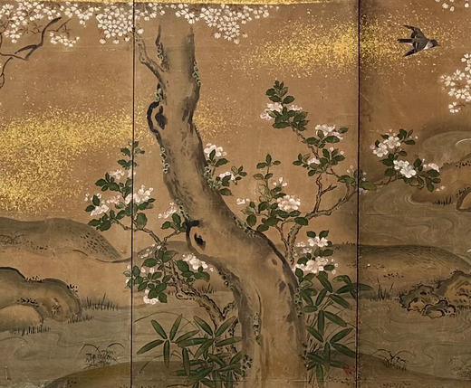 独角鹿西洋古董19世纪日本江户时代出品「东方花鸟山水」主题金地纸本设色六曲屏风 商品图3