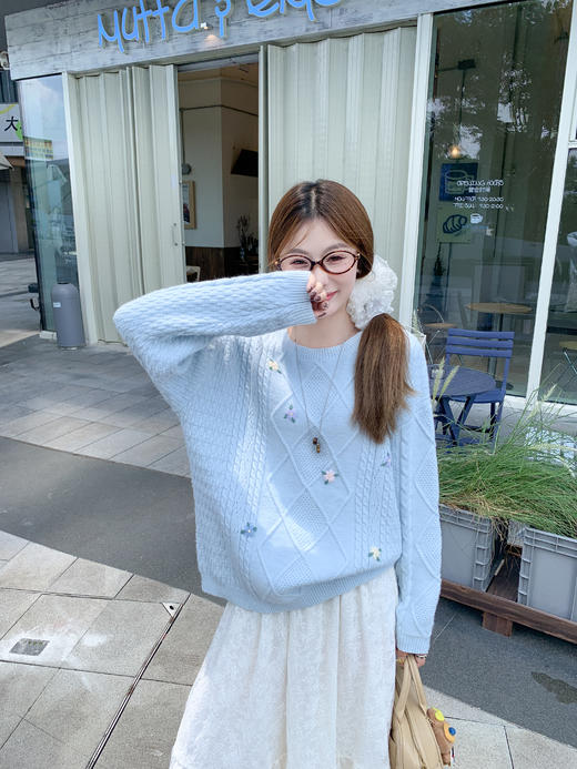 【169元任选2件】现货！蓝色绣花麻花毛衣 商品图8